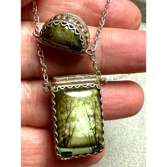 Vtg Russian Finift Enamel Perfume Box Pendant 24" Necklace Hand Painted Forest - Picture 5 of 5